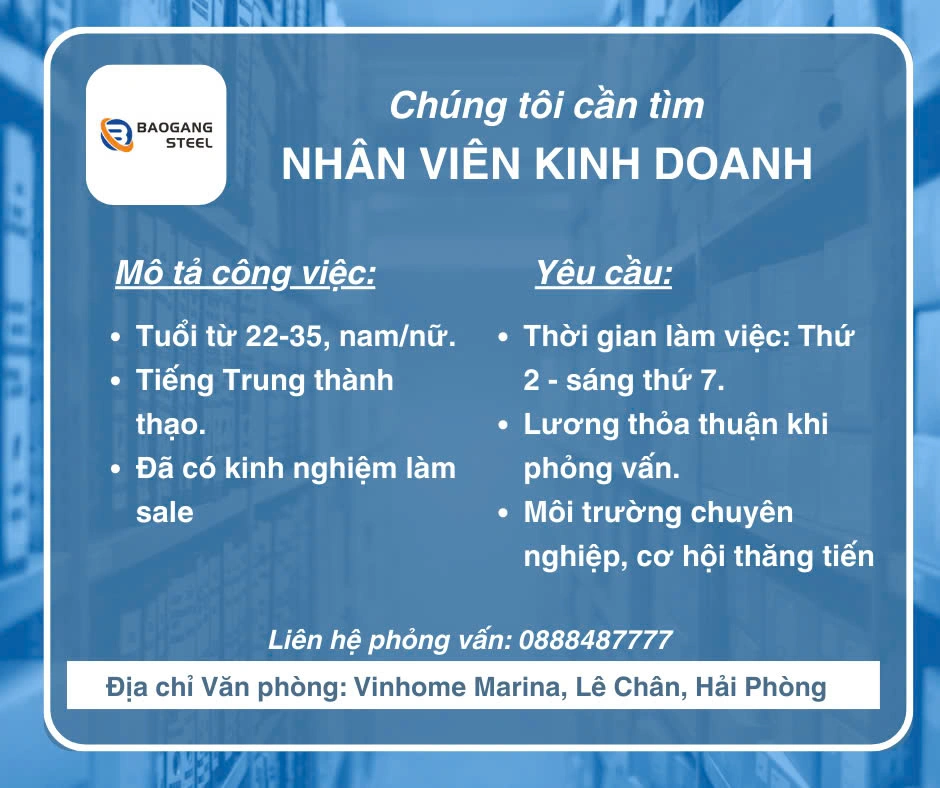 Baogang Steel tuyển nhân viên kinh doanh biết tiếng trung tại Hải Phòng